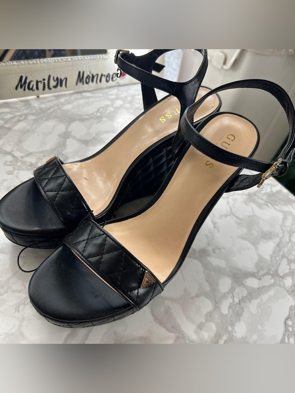 GUESS Black Quilted Platform Wedge Sandals with Ankle Strap
